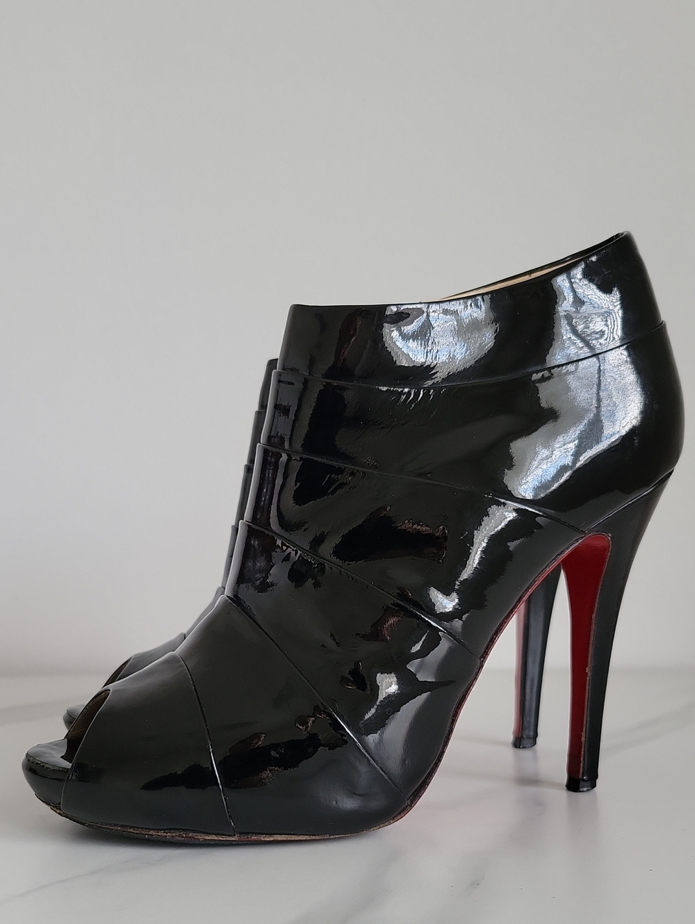 Christian Louboutin Black Patent Peep-Toe Stiletto Booties